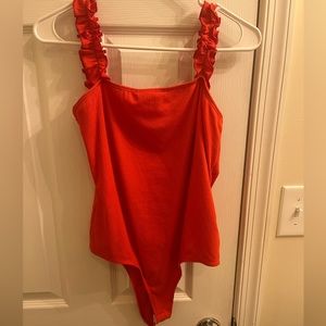 21 Saints Red Ribbed Bodysuit with Ruffle Straps
